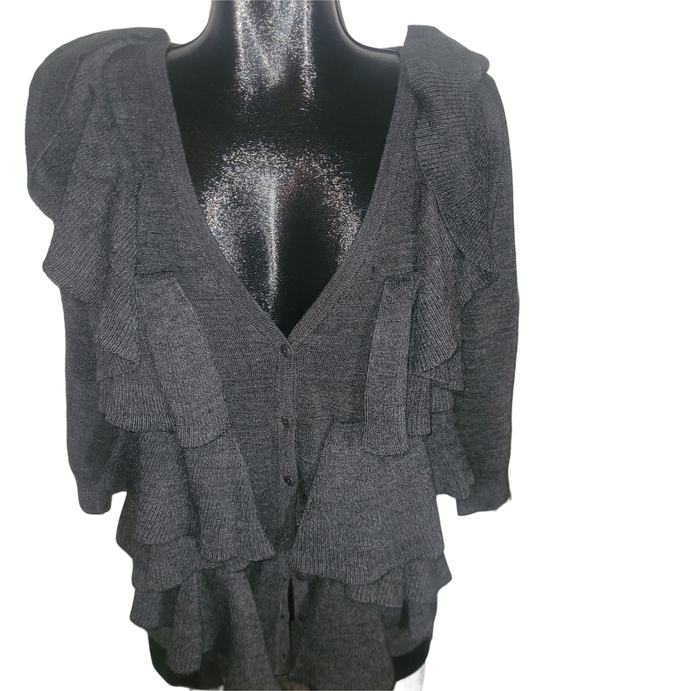 Premise Gray Knit Ruffled Cardigan L